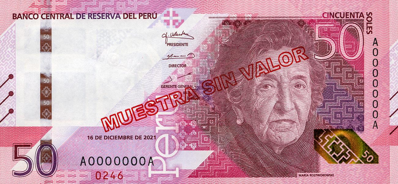 Bank note, pink, portrait of an older woman with short wavy hair wearing a scarf and facing forward.