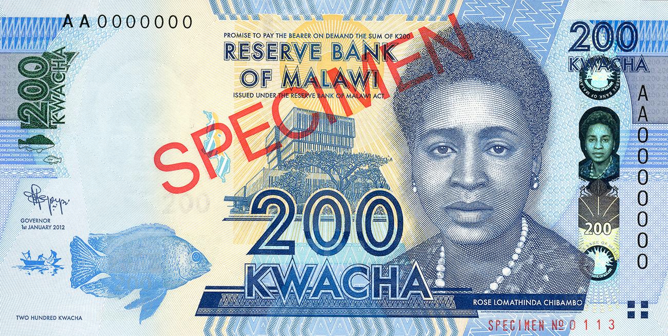 Bank note, blue, portrait of a woman with short curly hair and a pearl necklace facing forward.