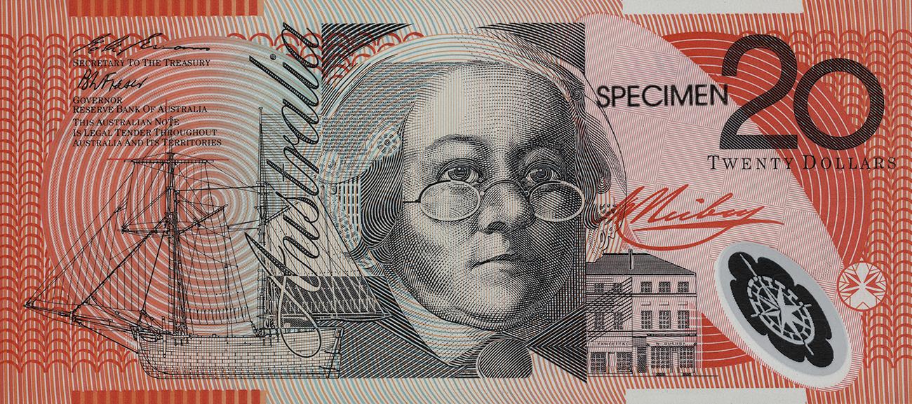 Bank note, red, portrait of a woman facing forward, wearing glasses and a high-collared shirt, hair covered by a cap. Ship and building on either side of her.