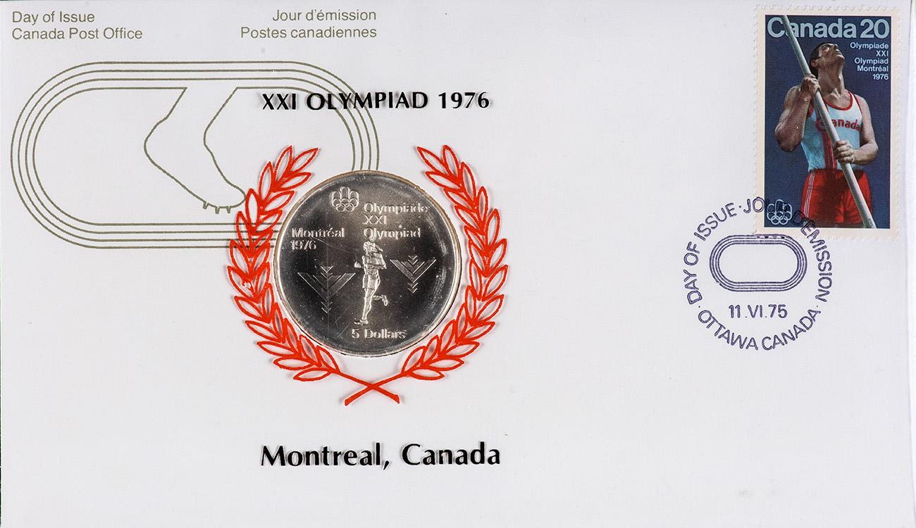 Envelope, stamp with an athlete holding a pole, a clear embedded holder with a silver coin depicting a runner in it.