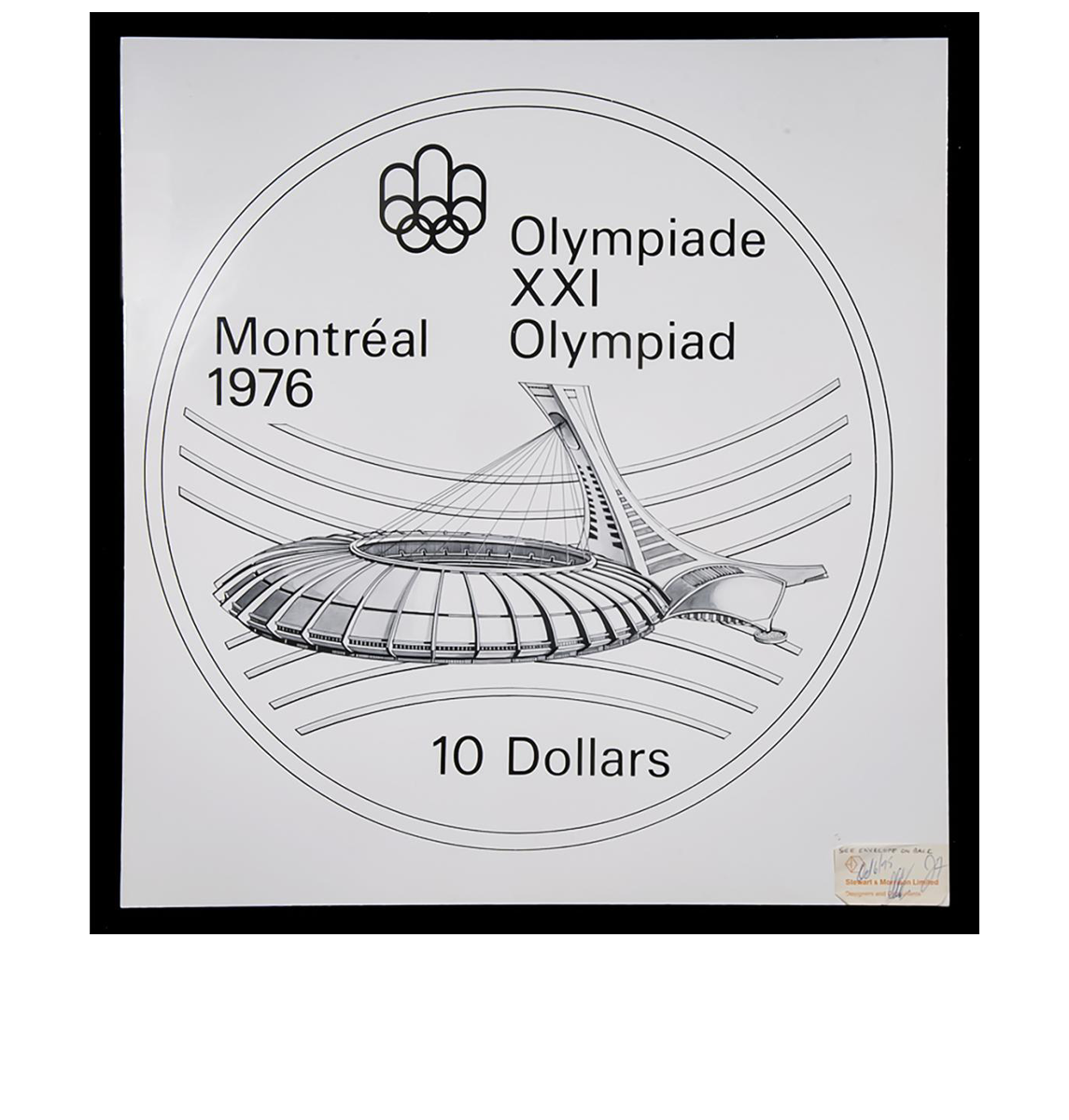 Line drawing of an oval stadium with cables running from its rim to the top of a tower, all alongside a logo of linked rings and the text Montréal 1976.