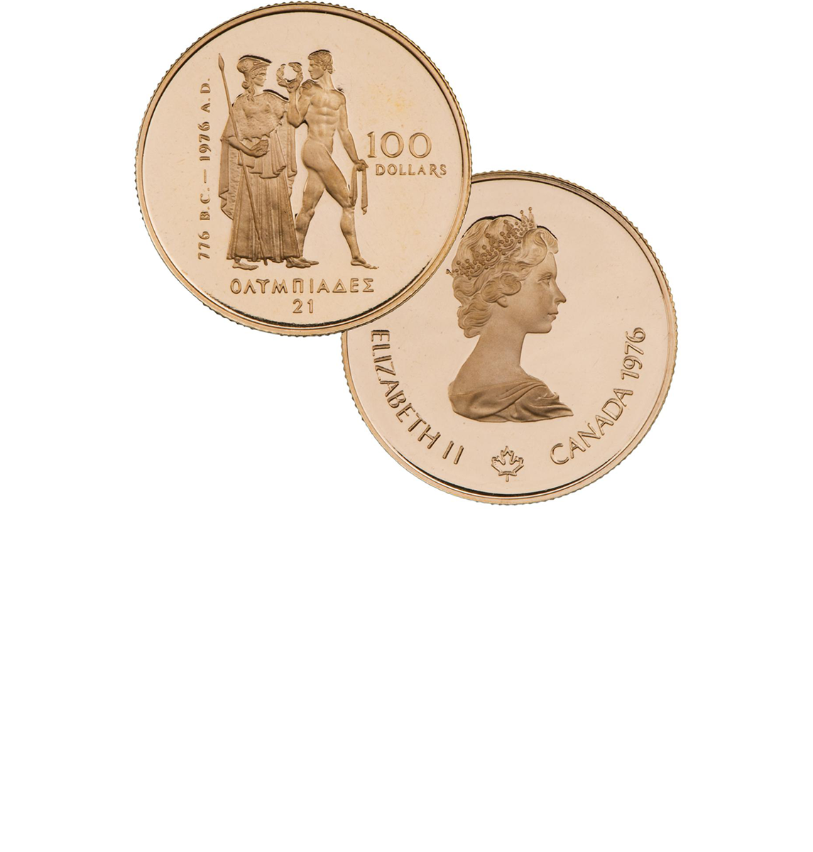 Coin, gold, a woman in robes, her hand on the shoulder of a nude man holding a wreath, on the other side a crowned woman in profile, Queen Elizabeth II.
