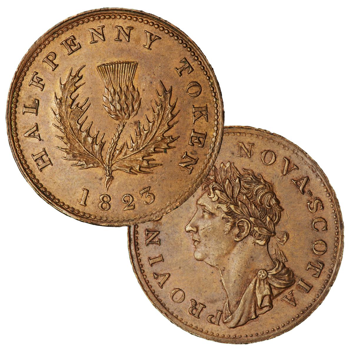Token from Nova Scotia Token, round, copper, one side shows a thistle plant, the other the profile of a man with a wreath in his hair.