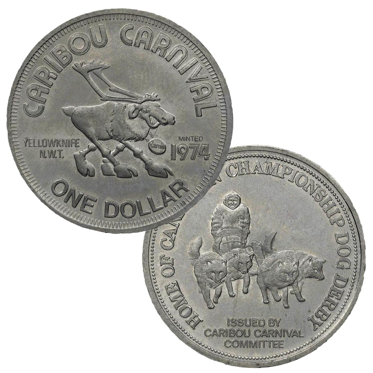 Caribou Carnival token Token, round, dark grey, large hooved animal with long antlers, a dog team on the reverse.