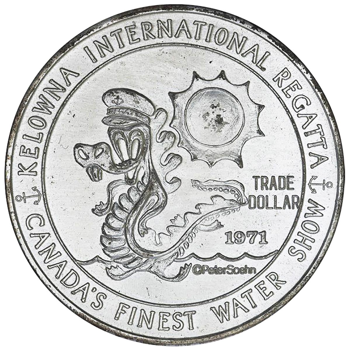 Trade token Token, round, silver colour, creature resembling a long lizard wearing a yachting cap.
