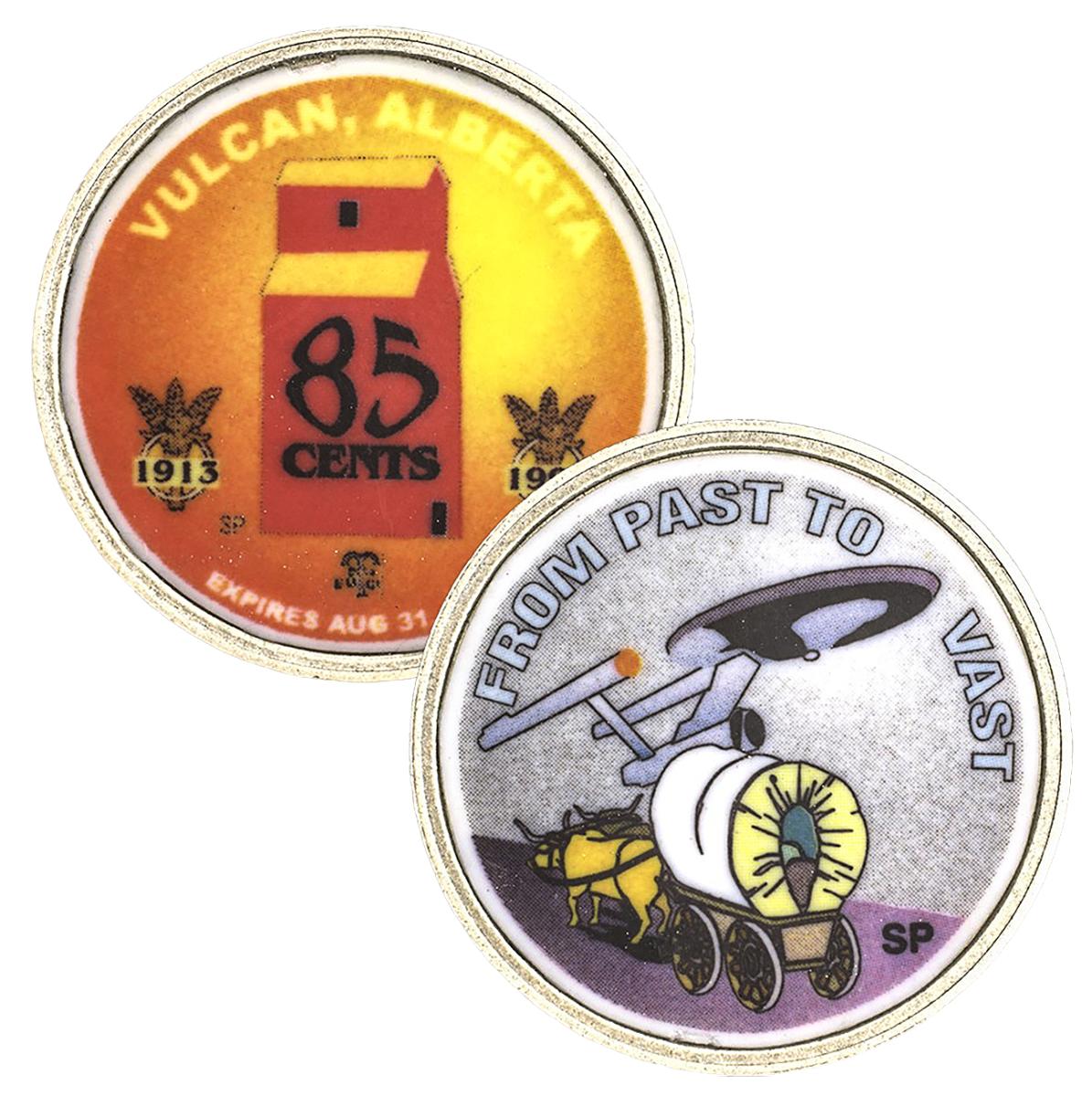 Vulcan, Alberta token Token, round, one side has a wheat elevator, the other a spaceship and covered wagon.