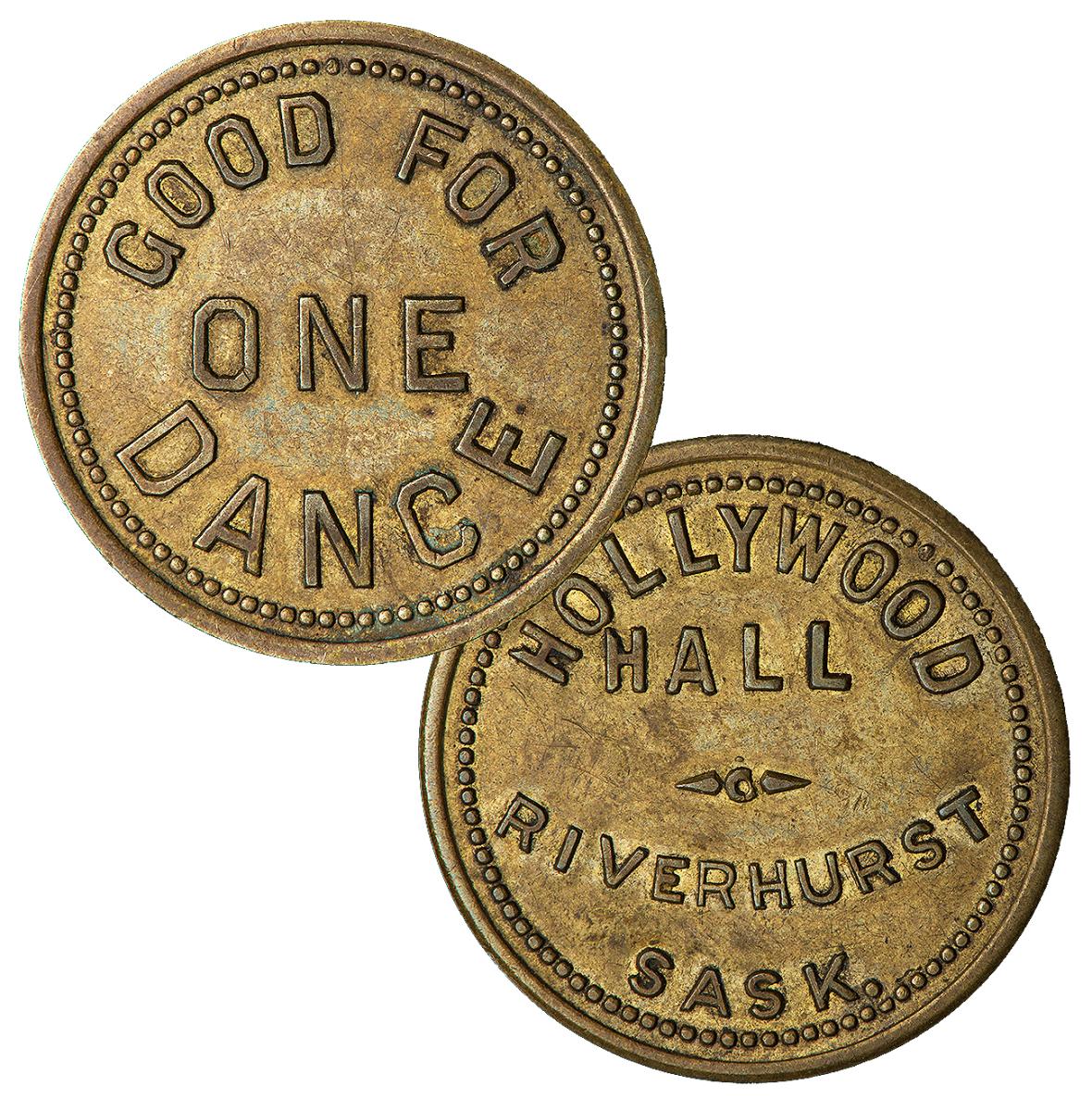Dance token Token, round, bronze colour, both sides, block lettering in a beaded circle, one side reads good for one dance.