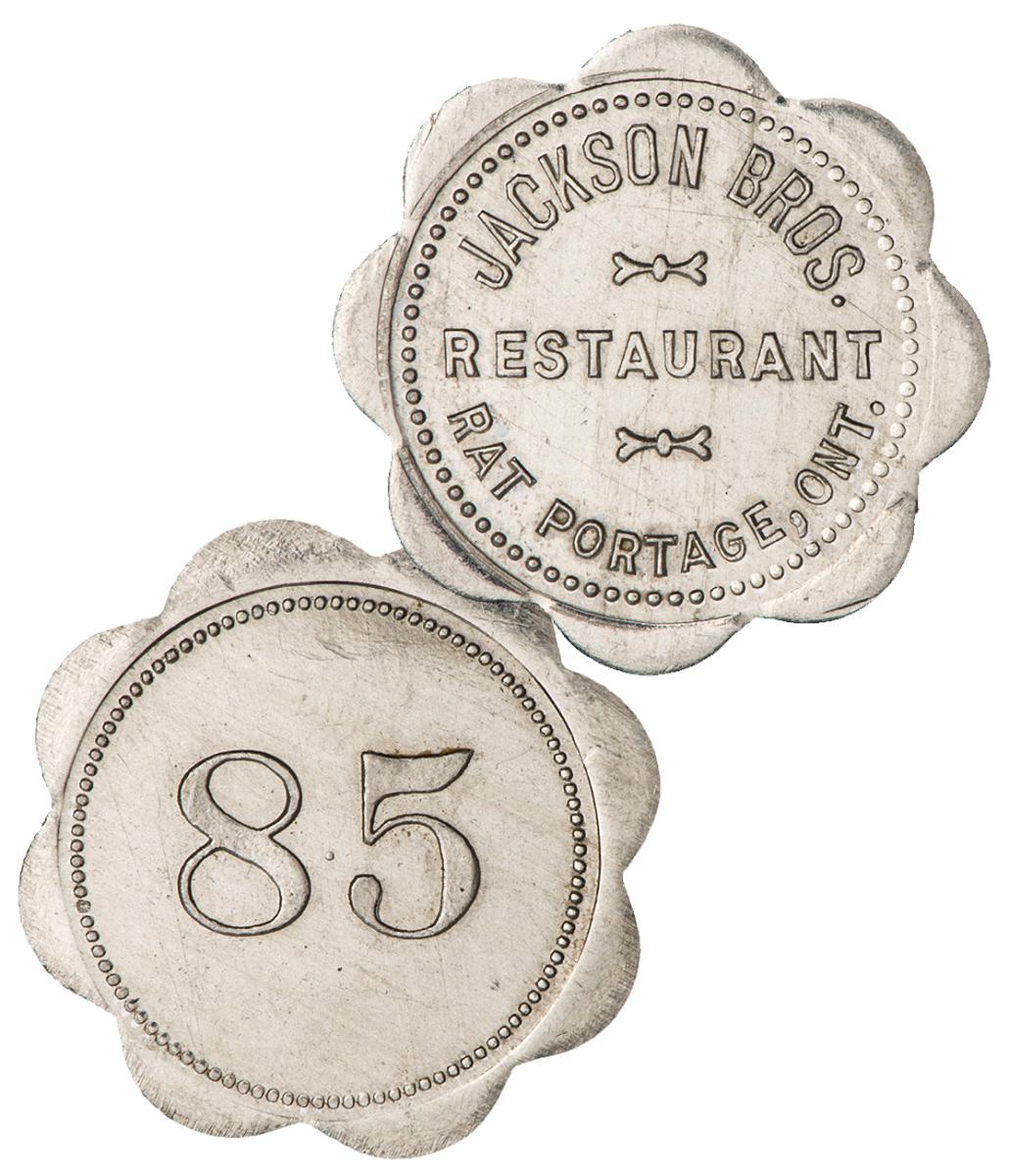 Restaurant token Token, silver colour, flower-shaped with 8 semi-circular bumps around the edge, number 85 on the reverse.