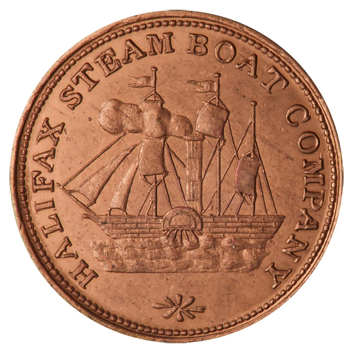 Souvenir token Token, round, copper, a sailing ship with a smoking funnel and a side paddle wheel.