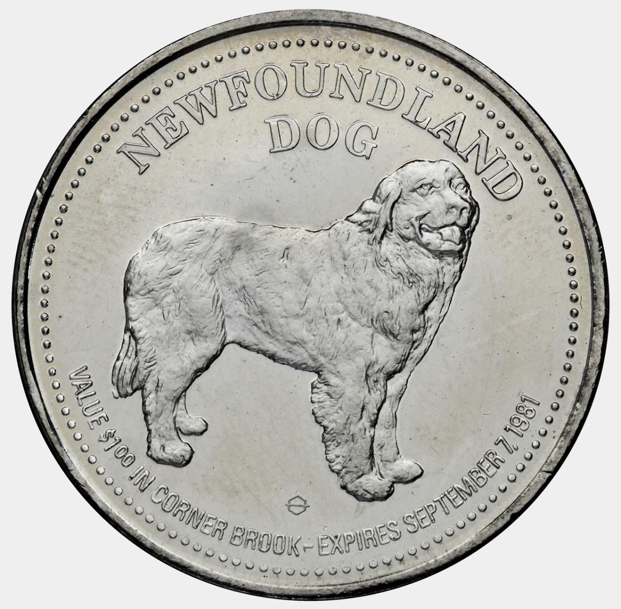 Souvenir token Token, round, a large muscular dog.