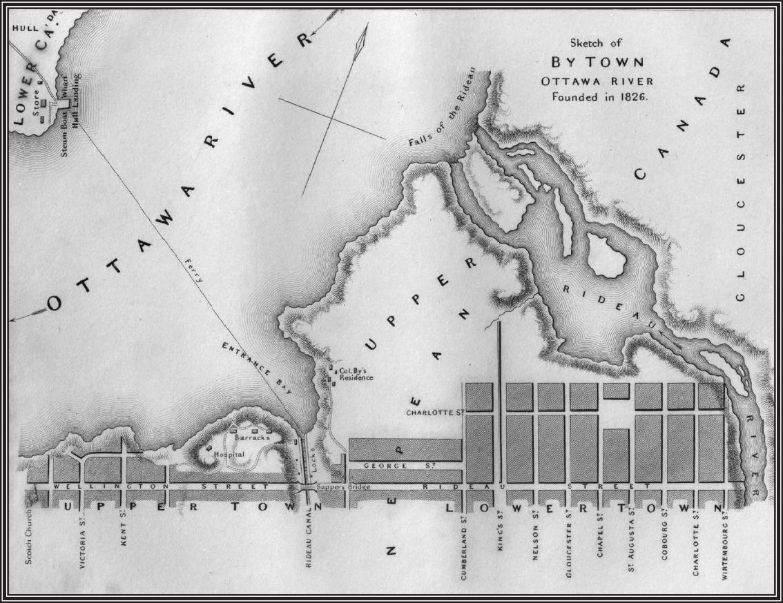 Map of Bytown founded in 1826 Black and white map with areas marking streets and water.