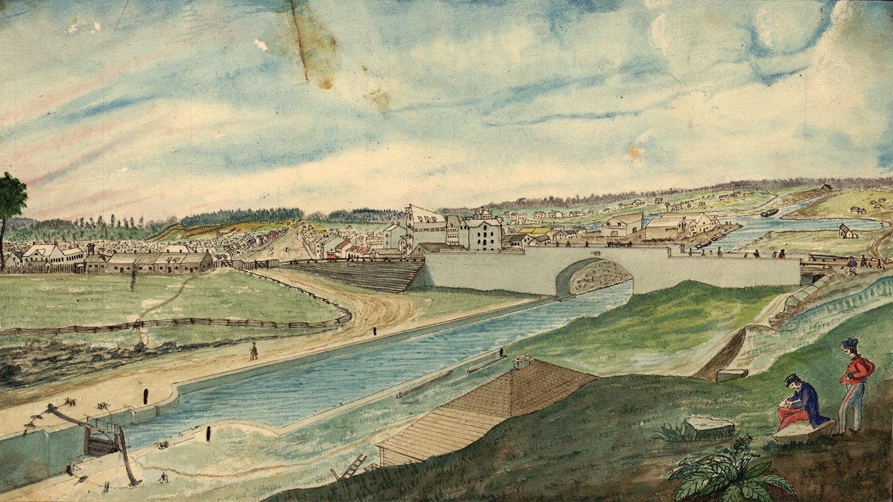 Lower Bytown, from Barracks Hill, near the head of the Eighth Lock and Sappers’ Bridge by Thomas Burrowes Colour painting, depicting a village landscape with bridge at centre.
