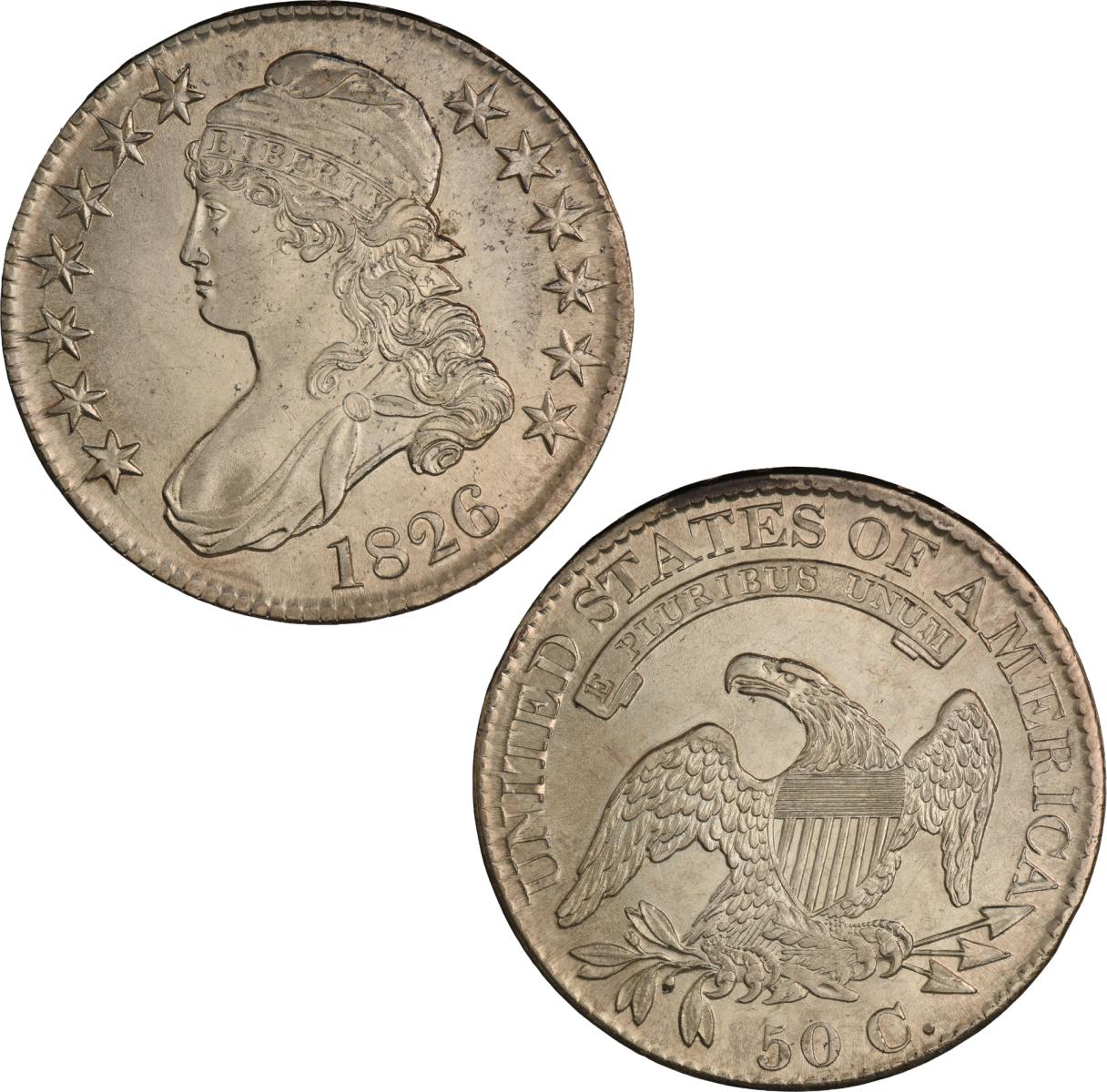 US half dollar Front of gray coin with bust of female figure facing left wearing cap covering long hair, 13 stars along rim on either side of bust. Back of gray coin depicting eagle with wings spread, surrounded by text around the rim.