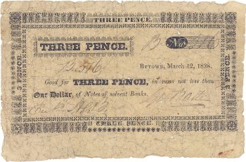 Commercial scrip from Bytown Yellowed paper document with frayed edges and black printed text. The item is a piece of scrip issued by George W. Baker in 1838.