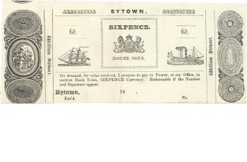 Commercial scrip from Bytown White paper note with black printed text on the front being an unissued and unsigned piece of scrip associated with William Stewart, a Bytown lumberman and politician.