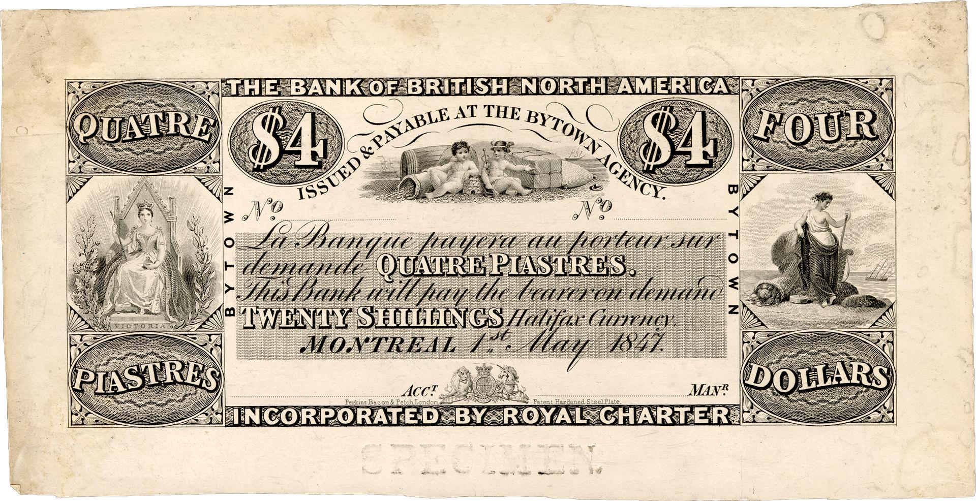 Bank of British North America note White cardstock bank note with black printed text, decorative scrollwork, vignettes, counters, the Royal Arms, and the Bank of British North America name on the front.