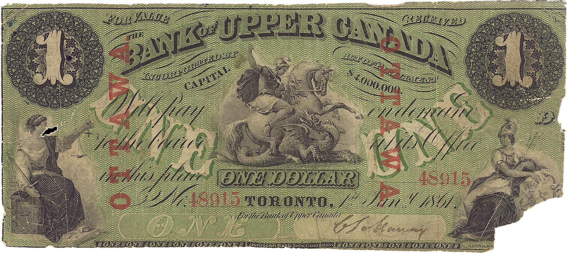 Bank of Upper Canada note Paper bank note with a green tint, black printed text, decorative scrollwork, vignettes, counters, a coat of arms, and the Bank of Upper Canada name on the front.