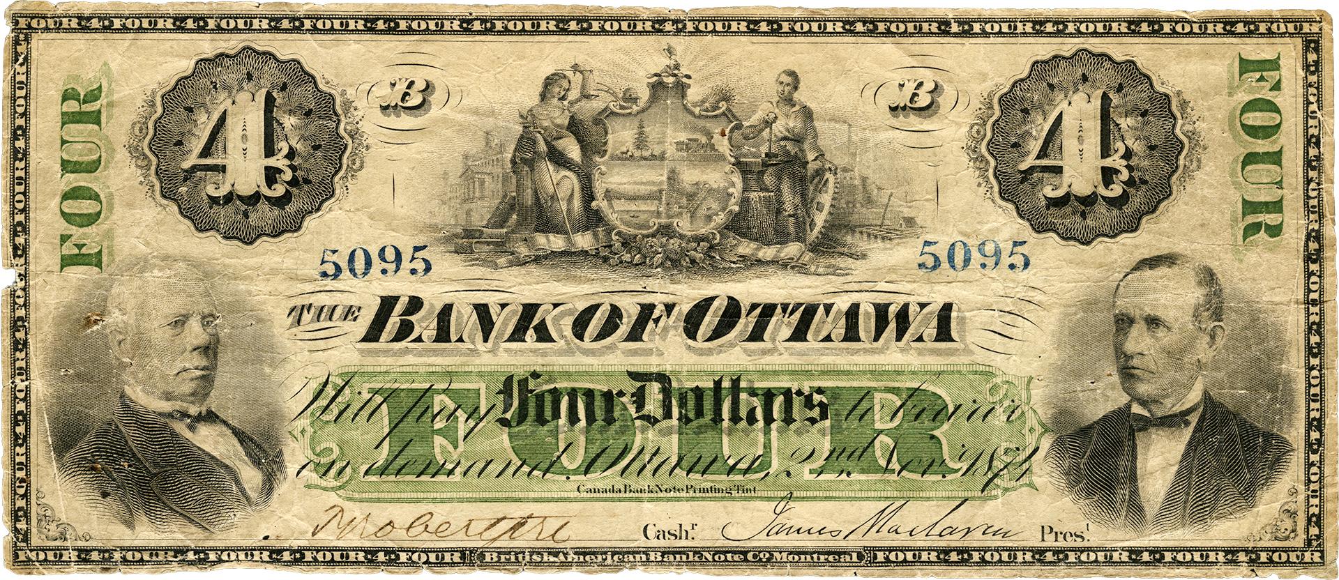 Bank of Ottawa note Yellowed bank note with black printed text, decorative scrollwork, counters, coats of arms, the Bank of Ottawa name, and portraits of two men on the front.