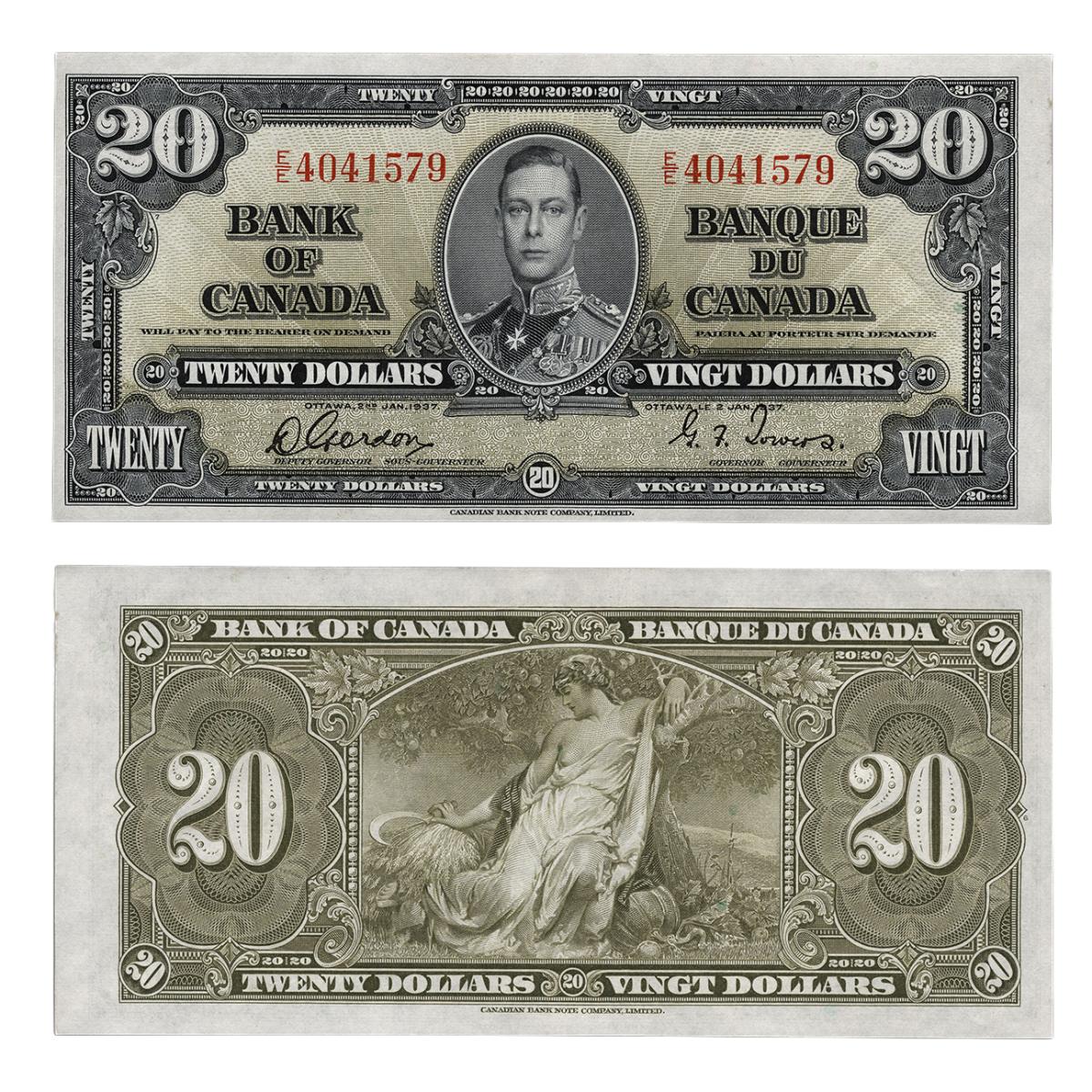 The $20 bank note from the Bilingual series The 1937 20-dollar bank note featuring a portrait of King George VI on the front and an allegorical female figure representing fertility on the back.