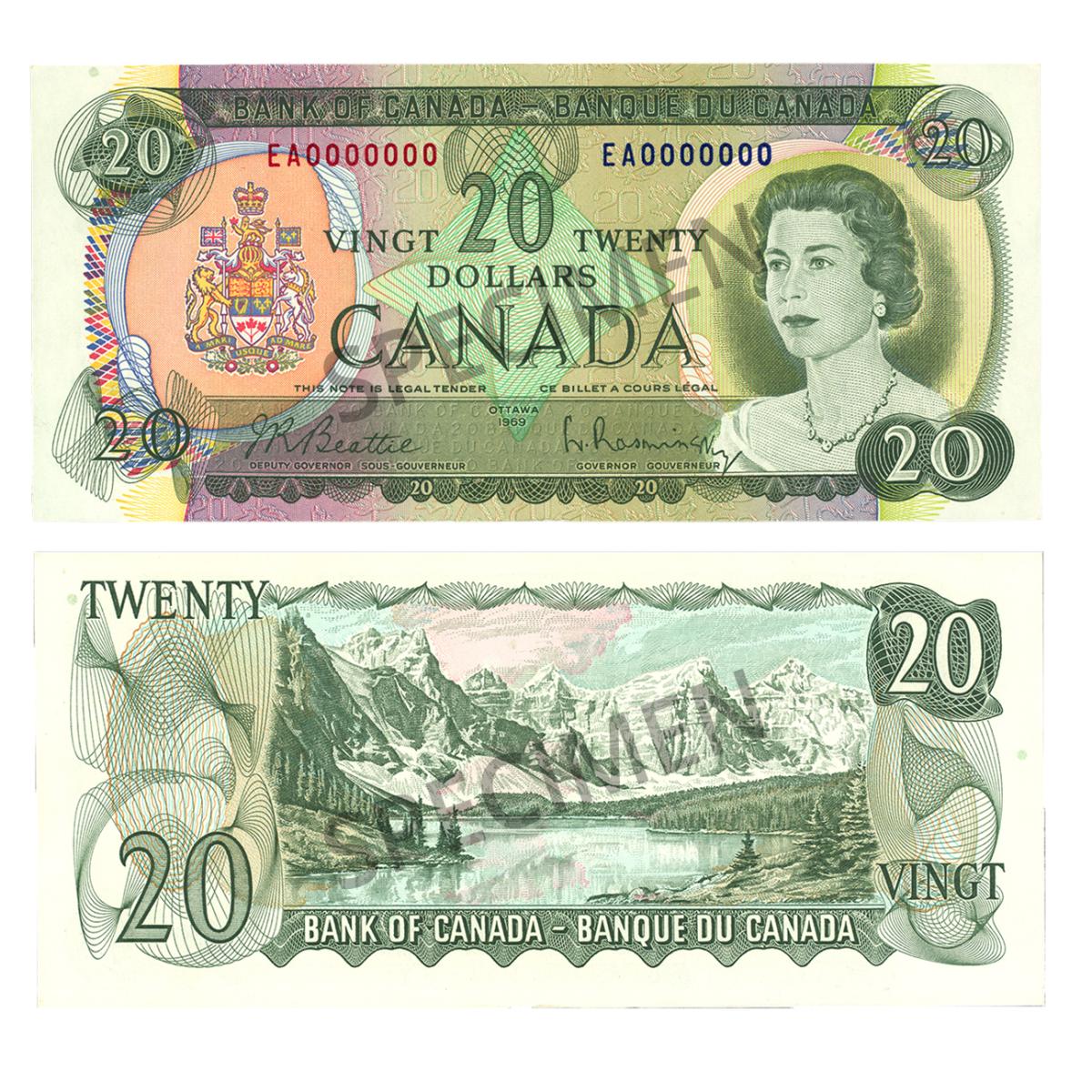 The $20 bank note from the Scenes of Canada series The 1969 20-dollar bank note featuring a portrait of Queen Elizabeth II on the front and a view of Moraine Lake in Alberta on the back.
