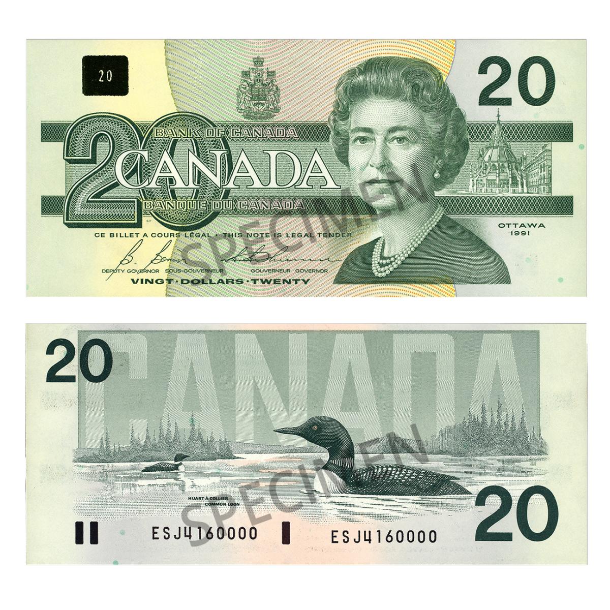 The $20 bank note from the Birds of Canada series The 1991 20-dollar bank note featuring a portrait of Queen Elizabeth II on the front and a loon on the back.