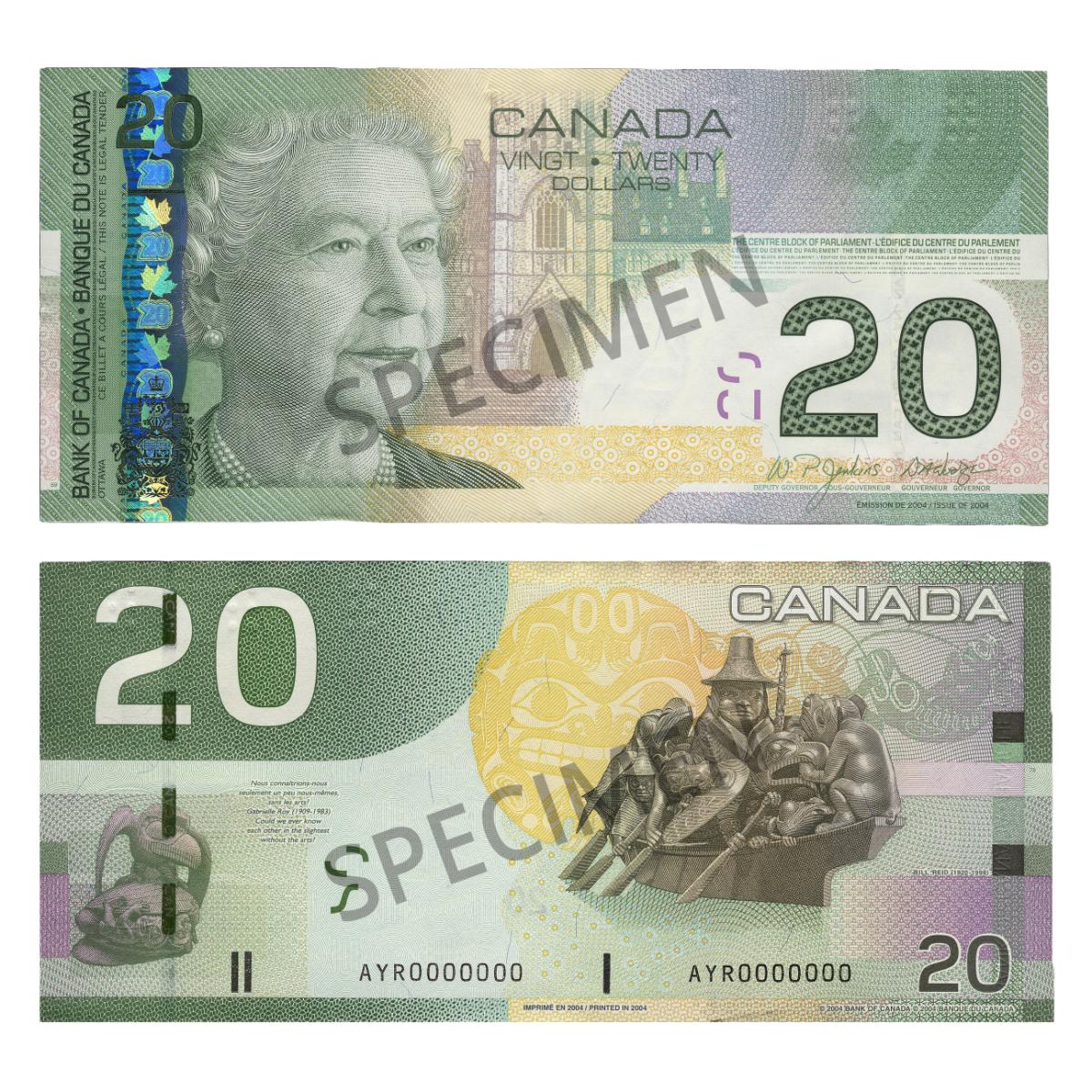 The $20 bank note from the Canadian Journey series The 2004 20-dollar bank note featuring a portrait of Queen Elizabeth II on the front and several sculptures by Haida artist Bill Reid on the back.