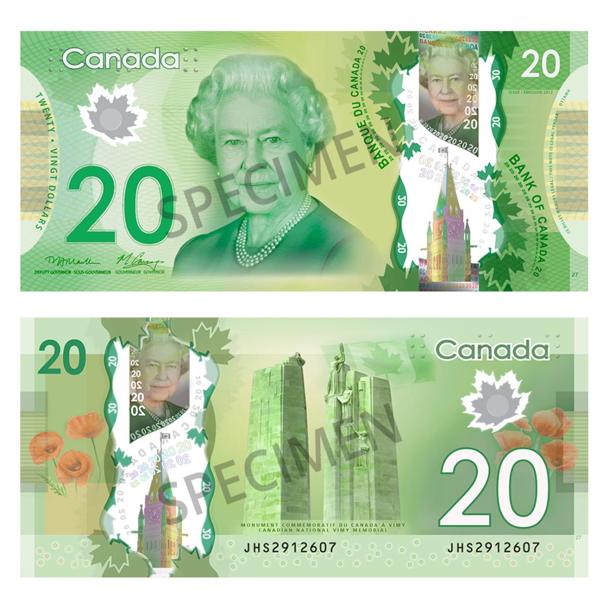 The $20 bank note from the Frontiers series The 2011 20-dollar bank note featuring a portrait of Queen Elizabeth II on the front and the Canadian National Vimy Memorial on the back.