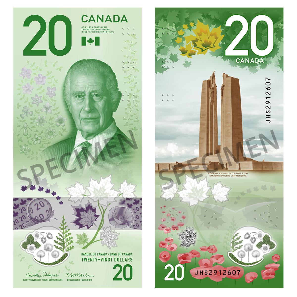 The $20 bank note from the Vertical series The 2027 20-dollar bank note featuring a portrait of King Charles III on the front and the Canadian National Vimy Memorial on the back.