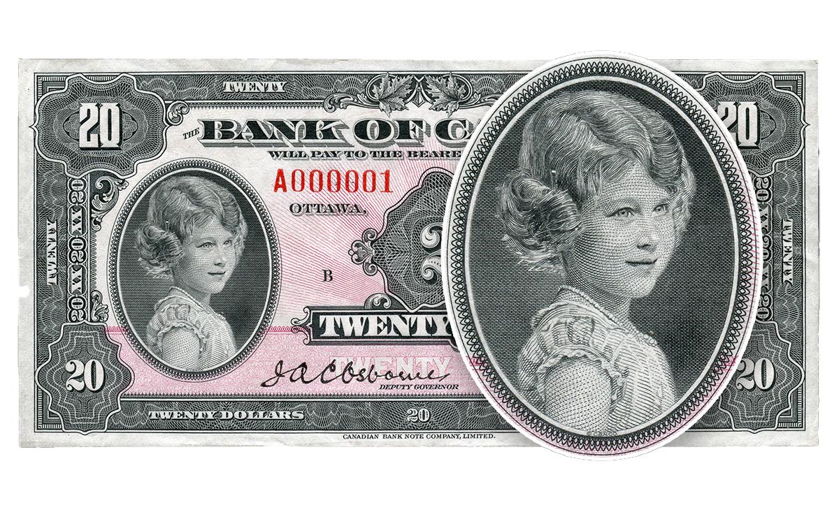 First series 20-dollar note Bank note engraving of a young girl in front of a pink $20 bill featuring the same image.