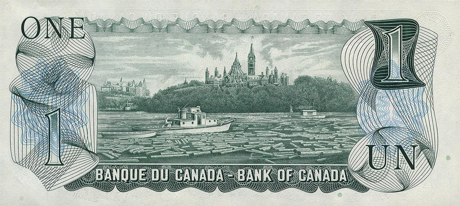 The back of the 1973 1-dollar bank note featuring a boat on a river in front of the Parliament buildings.