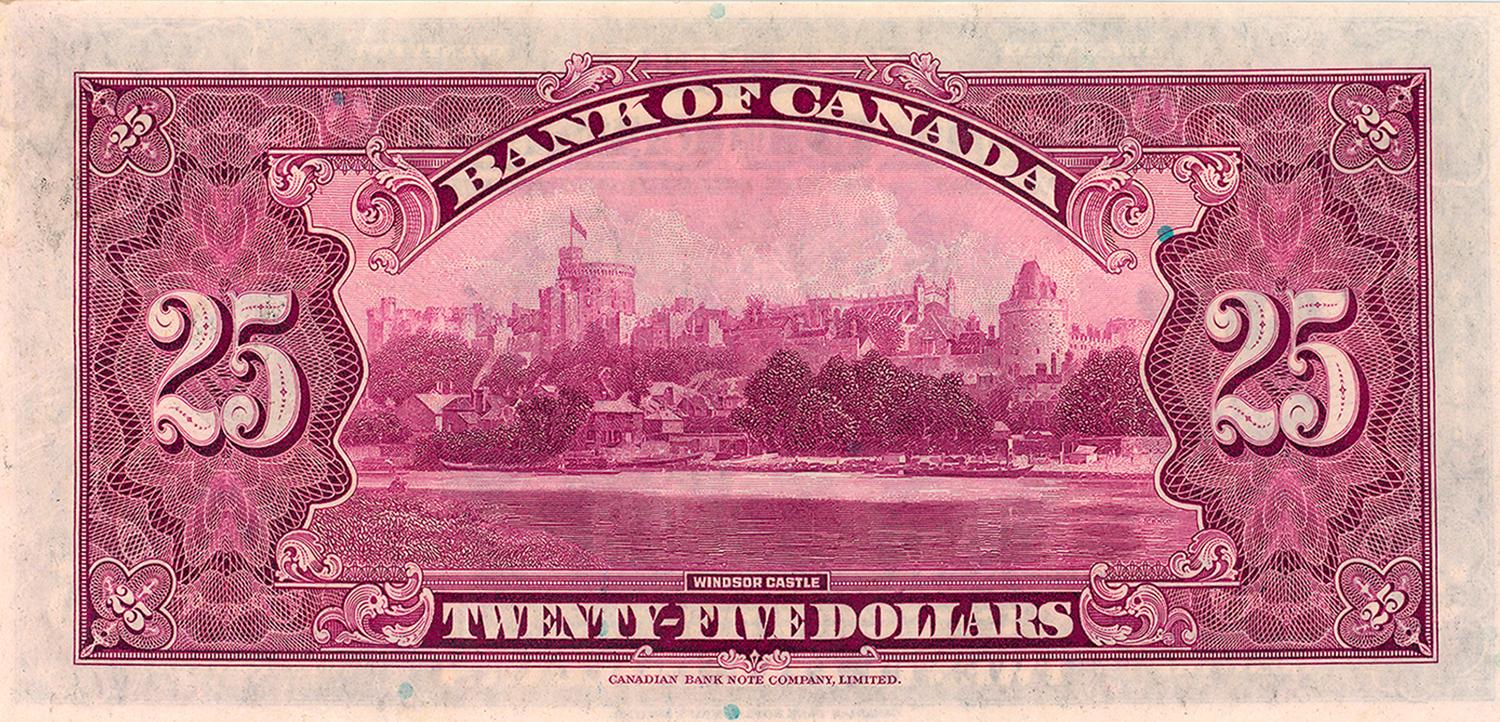 The back of the 1935 25-dollar bank note featuring a vignette of Windsor Castle.