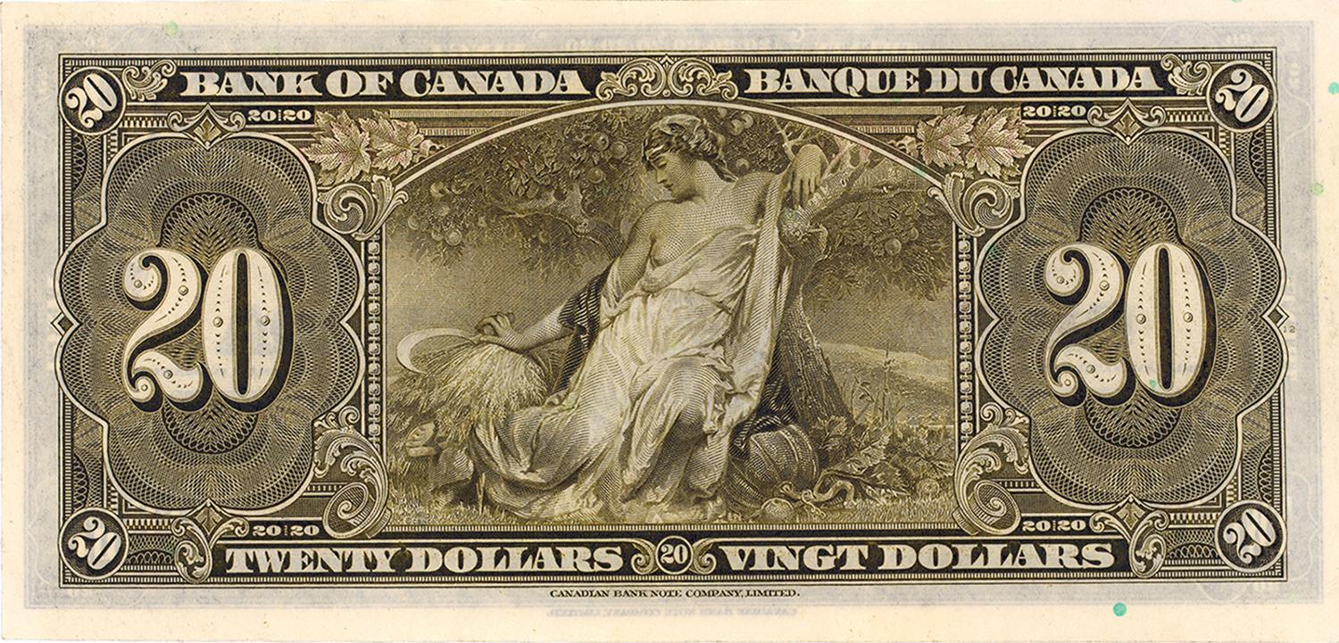 The back of the 1935 500-dollar bank note featuring a classical female figure representing fertility.