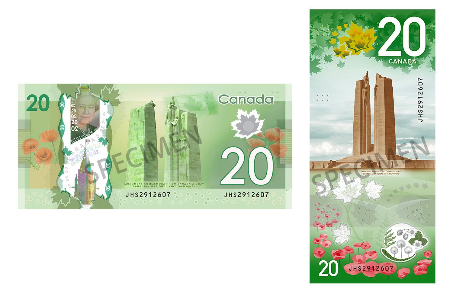 The Frontiers and Vertical $20 bank notes, back.