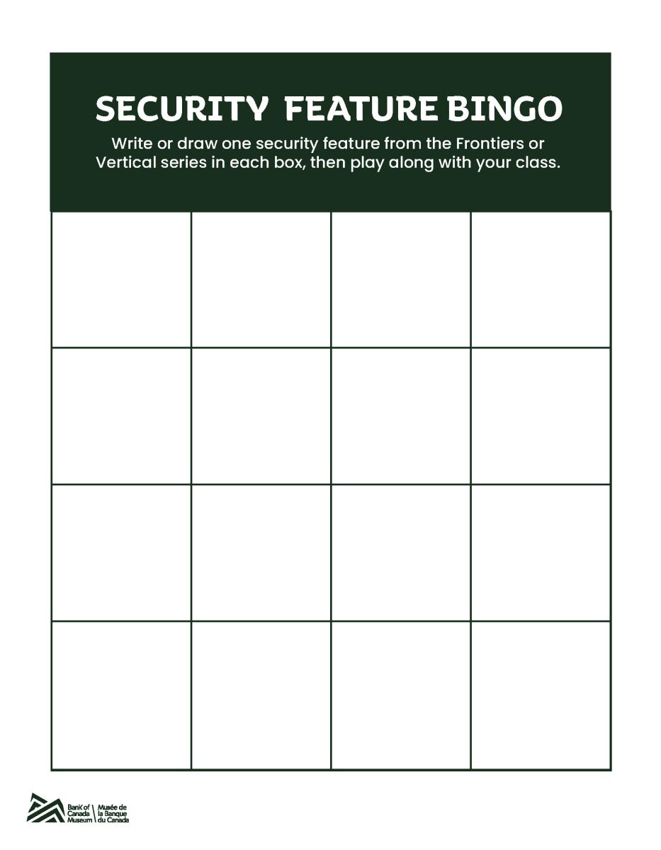 Security feature bingo card A blank bingo card