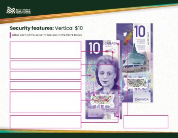 Security features worksheet preview - page 2 Worksheet showing a $10 Canadian bank note with several blank boxes pointing to different areas of the note.