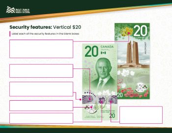 Security features worksheet preview - page 3 Worksheet showing a $20 Canadian bank note with several blank boxes pointing to different areas of the note.