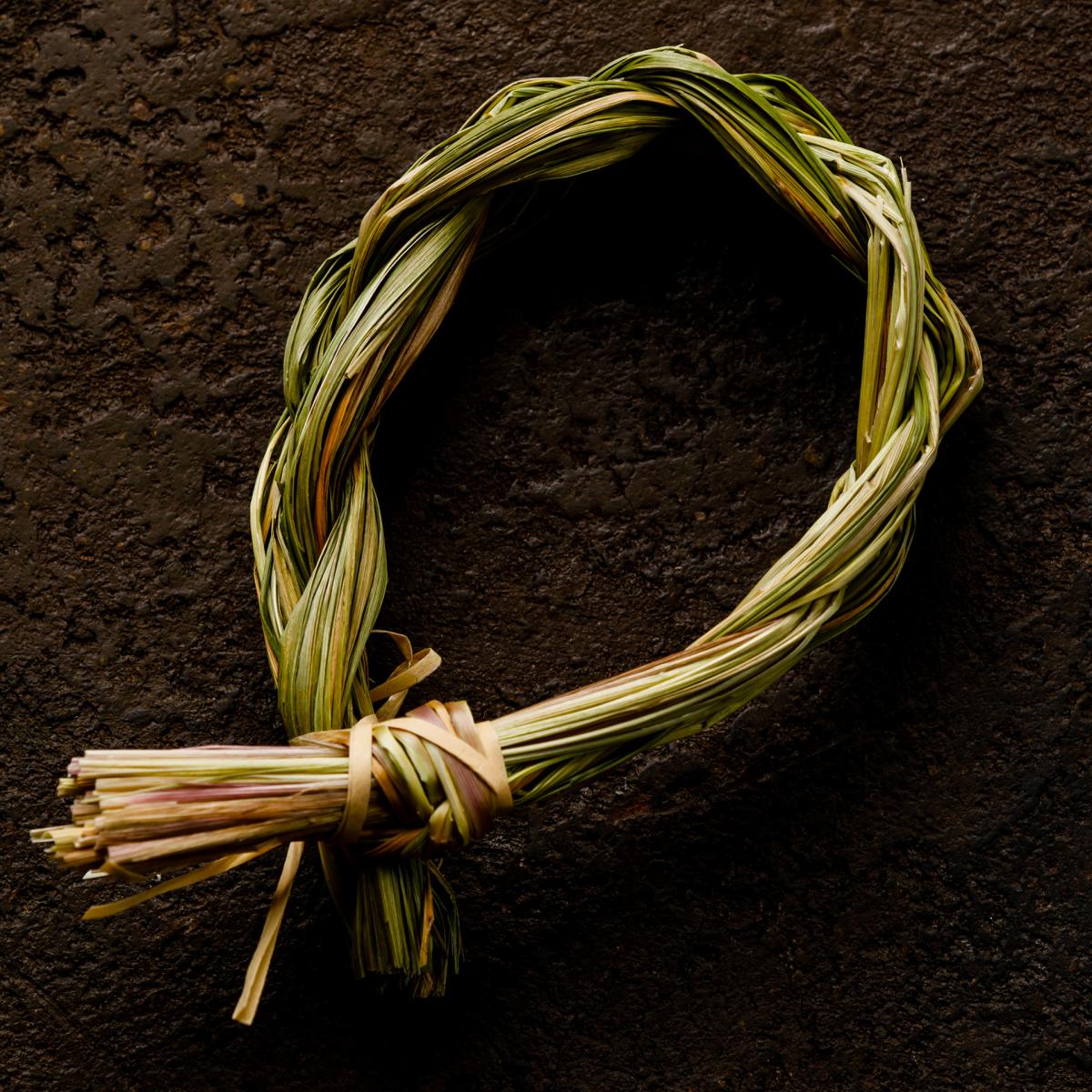 Sweetgrass Circle of braided sweetgrass formed into a ring.