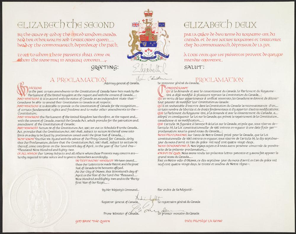 Proclamation of the Constitution Act, 1982 The official Proclamation of the Constitution Act, 1982, signed by Queen Elizabeth II and Prime Minister Pierre Elliott Trudeau, a formal parchment document with decorative calligraphy, heraldic symbols and signatures.